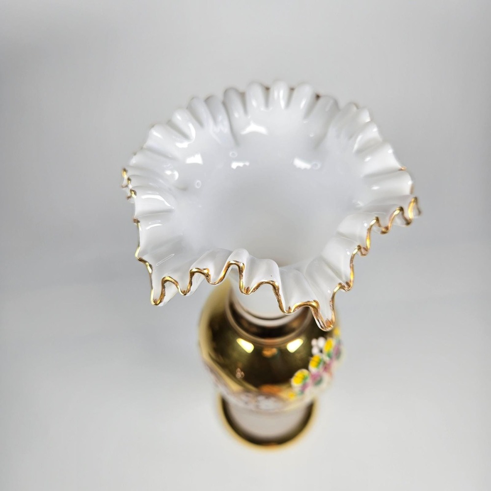 Vintage Bohemian Czech Gold Gilt Raised Enamel Hand-painted Vase Urn Ruffled 10" - Picture 7 of 11